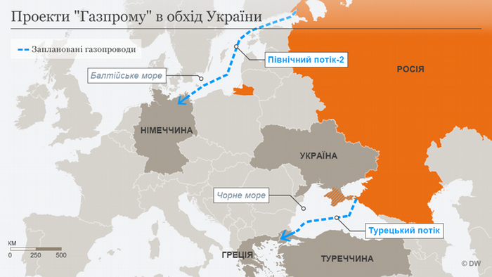 Карта газопроводів Газпрому Росії в обхід України, карта на сайті DW