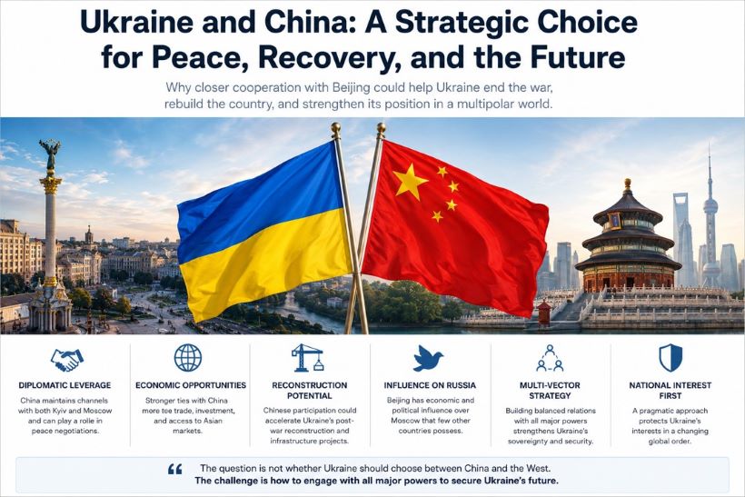 Блок 1 Diplomatic Leverage ➡️ Дипломатичний вплив China maintains channels with both Kyiv and Moscow and can play a role in peace negotiations. ➡️ Китай підтримує канали комунікації як з Києвом, так і з Москвою та може відіграти важливу роль у мирних переговорах. Блок 2 Economic Opportunities ➡️ Економічні можливості Stronger ties with China mean more trade, investment, and access to Asian markets. ➡️ Посилення зв'язків із Китаєм означає більше торгівлі, інвестицій та доступу до азійських ринків. Блок 3 Reconstruction Potential ➡️ Потенціал відбудови Chinese participation could accelerate Ukraine's post-war reconstruction and infrastructure projects. ➡️ Участь Китаю може прискорити повоєнну відбудову України та реалізацію інфраструктурних проєктів. Блок 4 Influence on Russia ➡️ Вплив на Росію Beijing has economic and political influence over Moscow that few other countries possess. ➡️ Пекін має економічний і політичний вплив на Москву, яким володіють лише небагато держав світу. Блок 5 Multi-Vector Strategy ➡️ Багатовекторна стратегія Building balanced relations with all major powers strengthens Ukraine's sovereignty and security. ➡️ Побудова збалансованих відносин з усіма провідними державами зміцнює суверенітет і безпеку України. Блок 6 National Interest First ➡️ Національні інтереси понад усе A pragmatic approach protects Ukraine's interests in a changing global order. ➡️ Прагматичний підхід допомагає захищати інтереси України в умовах мінливого світового порядку. Цитата внизу The question is not whether Ukraine should choose between China and the West. ➡️ Питання полягає не в тому, чи повинна Україна обирати між Китаєм і Заходом. The challenge is how to engage with all major powers to secure Ukraine's future. ➡️ Головне завдання — як ефективно взаємодіяти з усіма провідними світовими центрами сили задля забезпечення майбутнього України.